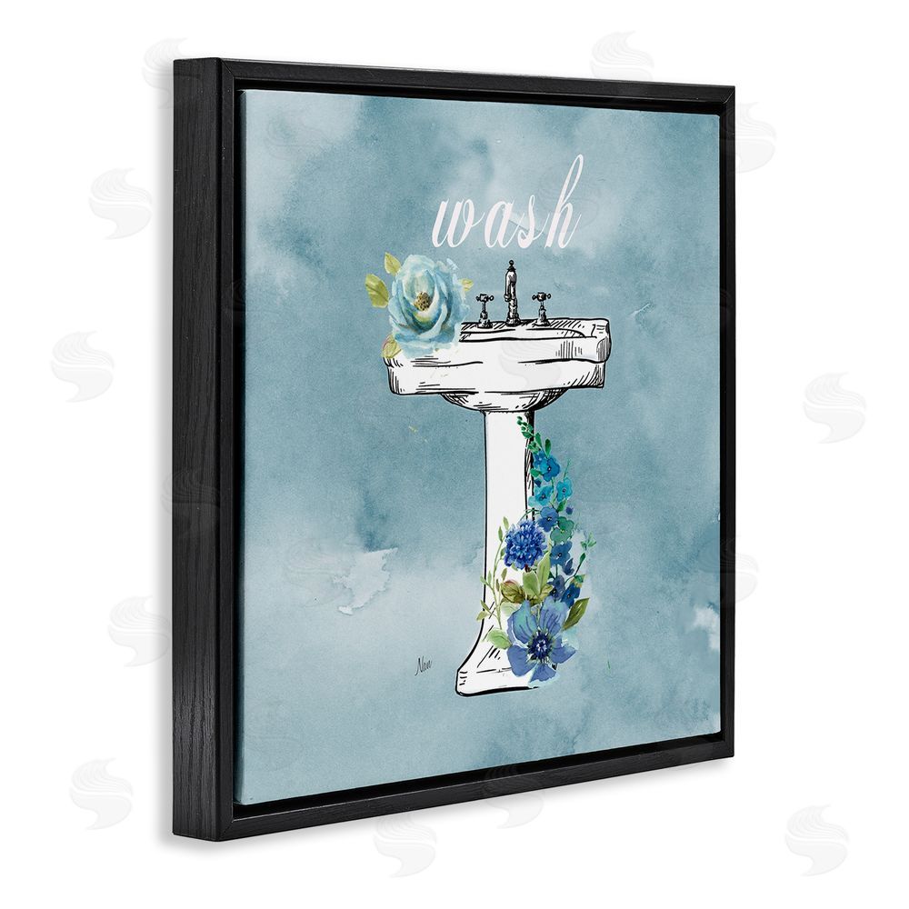 Nan Floral Bathroom Rules Wash Black Floating Frame Canvas Wall Art Print