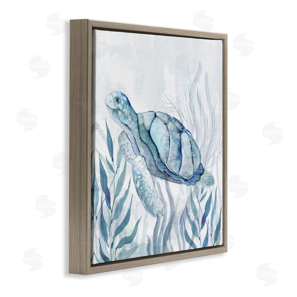 Janet Tava Sea Turtle with Subtle Smile Brown Floating Frame Canvas Wall Art Print