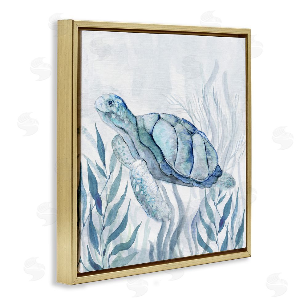 Janet Tava Sea Turtle with Subtle Smile Gold Floating Frame Canvas Wall Art Print