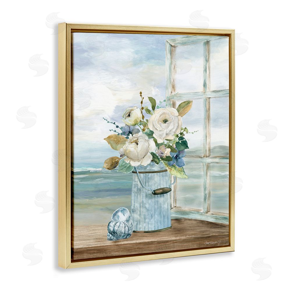 Carol Robinson Seaside Florals on Windowsill Gold Floating Frame Canvas Wall Art Print
