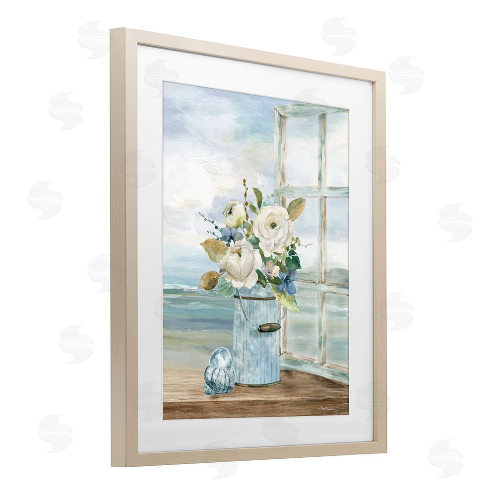 Carol Robinson Seaside Florals on Windowsill Brown Framed Print Under Glass Wall Art