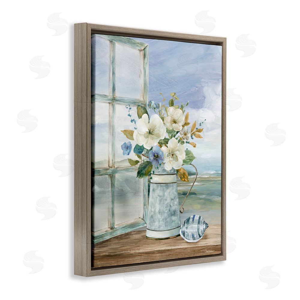 Carol Robinson Seaside Floral Bouquet Window Brown Floating Frame Canvas Wall Art Print