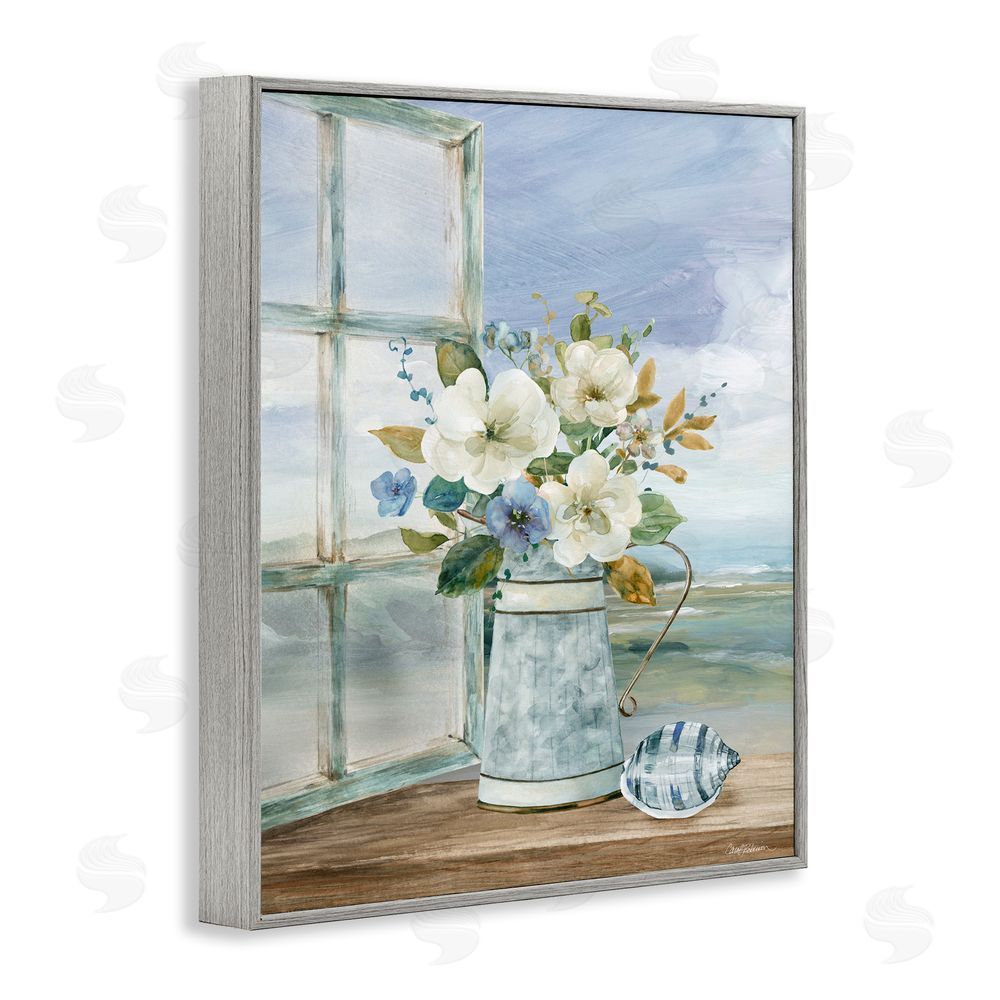 Carol Robinson Seaside Floral Bouquet Window Gray Framed Giclee Wall Art Print