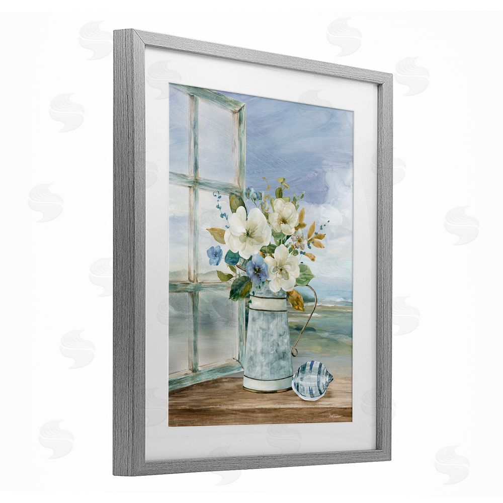 Carol Robinson Seaside Floral Bouquet Window Gray Framed Print Under Glass Wall Art