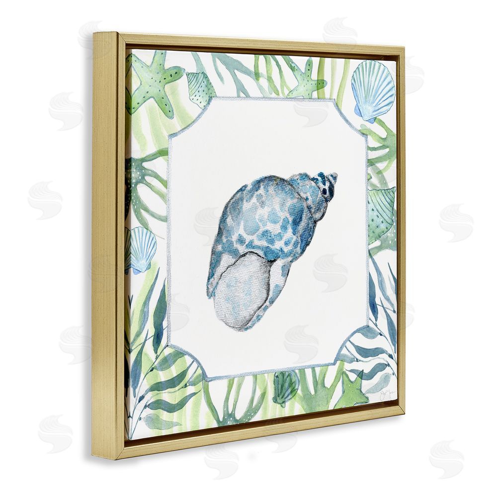 Janet Tava Spotted Cowrie with Seaweed Gold Floating Frame Canvas Wall Art Print