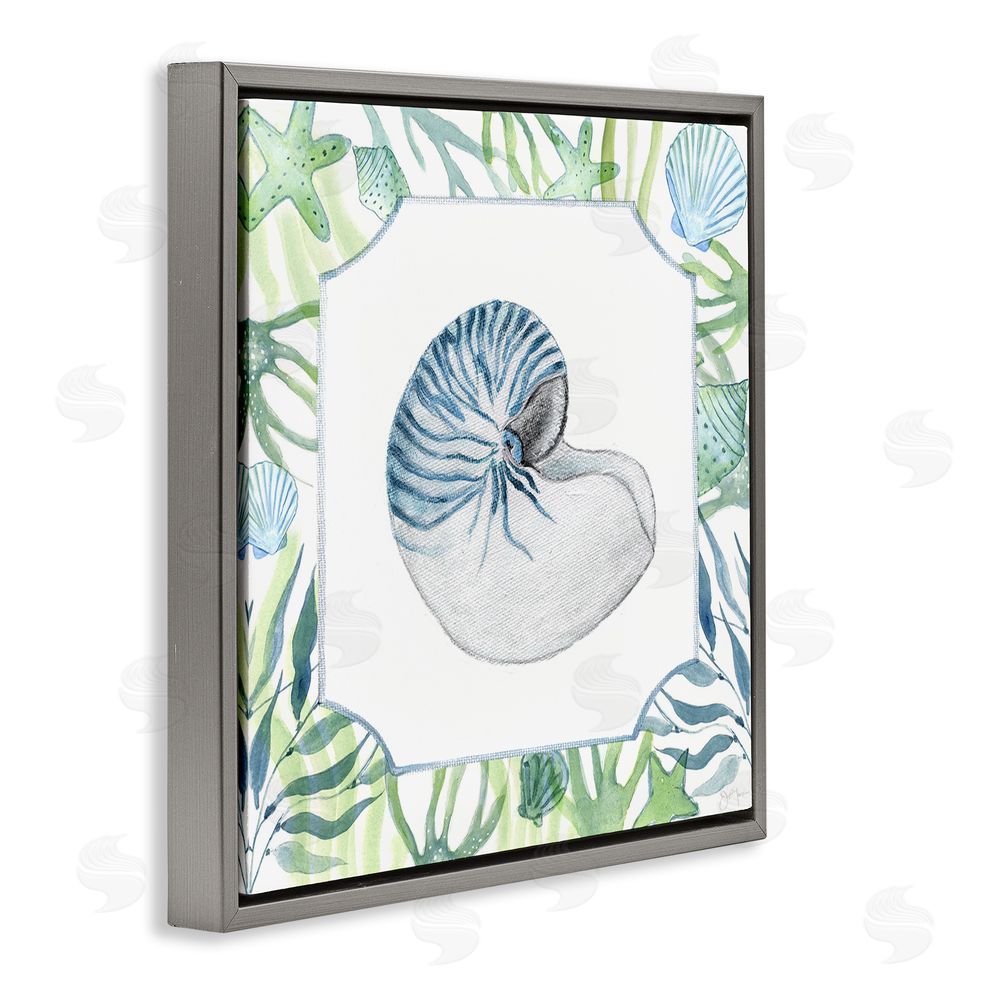 Janet Tava Seaweed & Seashells Aquatic Gray Floating Frame Canvas Wall Art Print