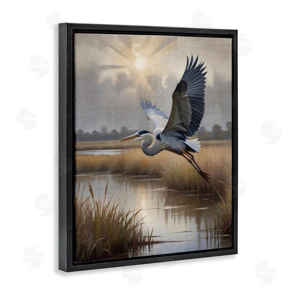 Susan Arnot Heron Flight over Wetlands Black Floating Frame Canvas Wall Art Print