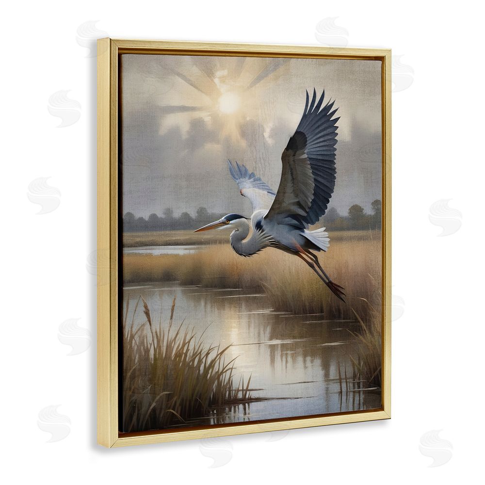Susan Arnot Heron Flight over Wetlands Gold Floating Frame Canvas Wall Art Print