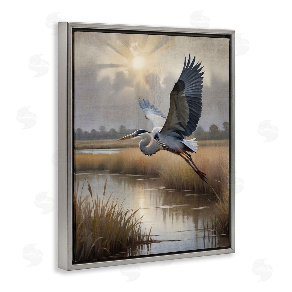 Susan Arnot Heron Flight over Wetlands Gray Floating Frame Canvas Wall Art Print