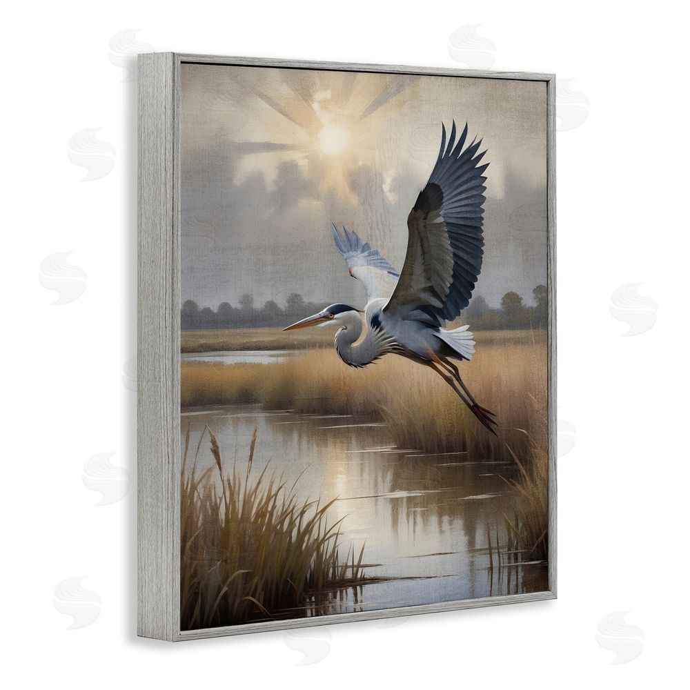 Susan Arnot Heron Flight over Wetlands Gray Framed Giclee Wall Art Print