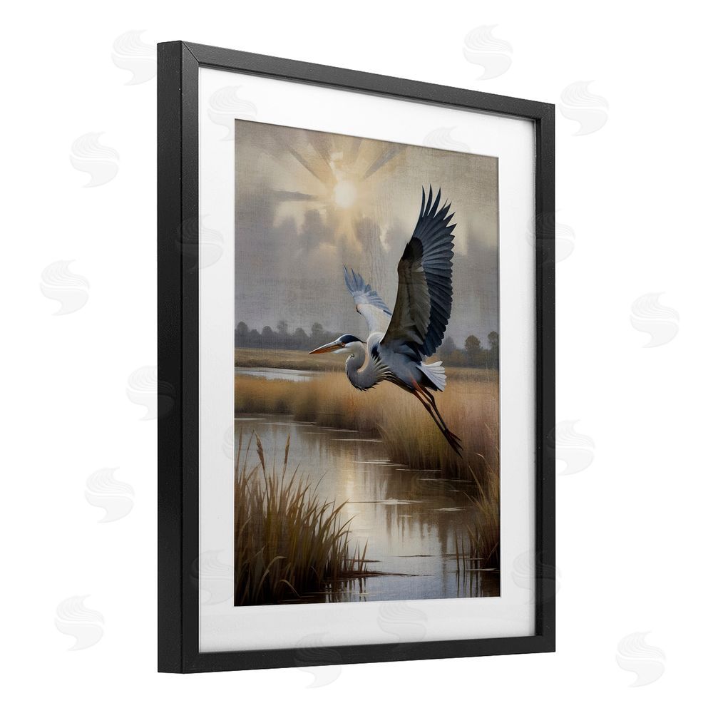 Susan Arnot Heron Flight over Wetlands Black Framed Print Under Glass Wall Art