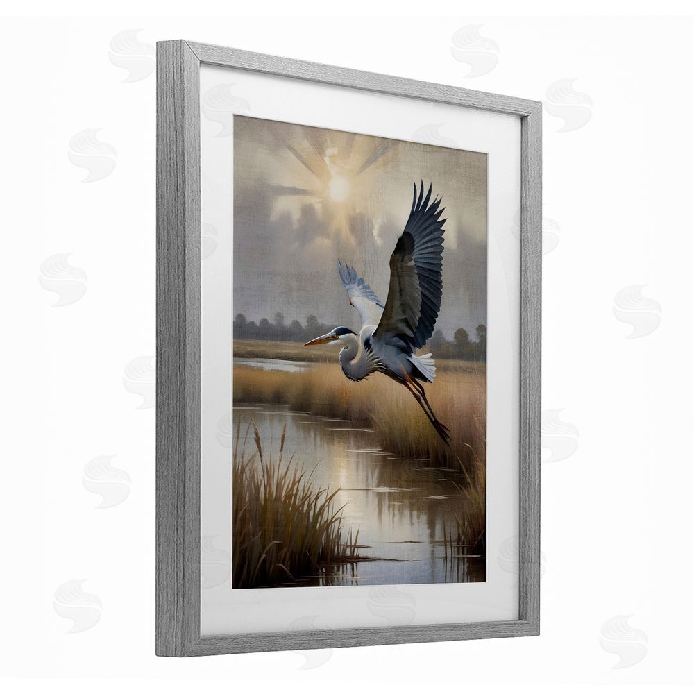 Susan Arnot Heron Flight over Wetlands Gray Framed Print Under Glass Wall Art