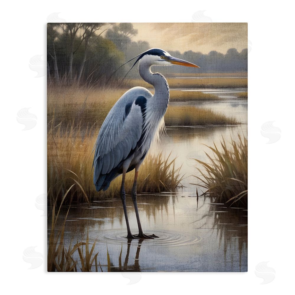 Susan Arnot Heron in Serene Marshlands Stretched Canvas Wall Art Print