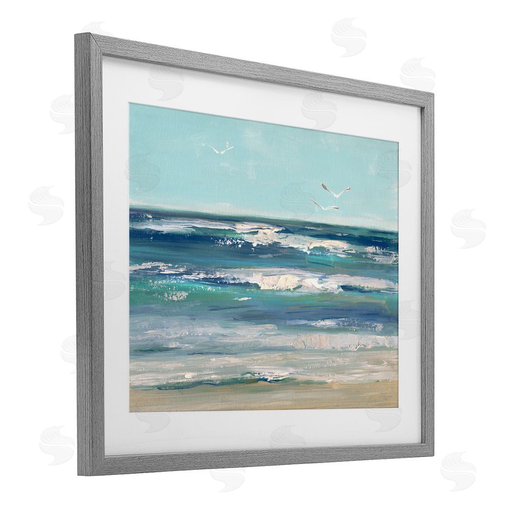 Sally Swatland Seagulls over Rolling Waves Gray Framed Print Under Glass Wall Art
