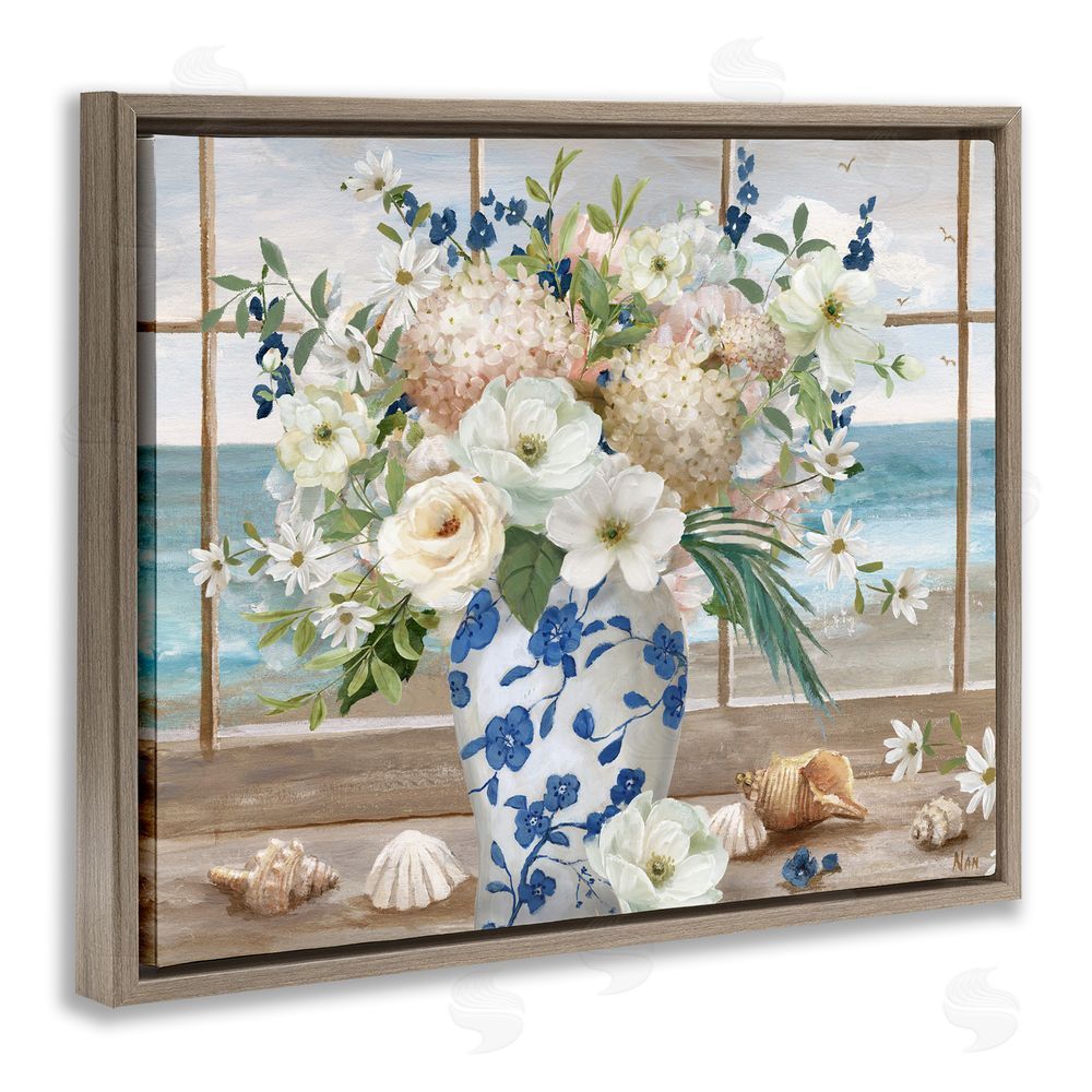 Nan Seashells & Flowers Windowsill Brown Floating Frame Canvas Wall Art Print
