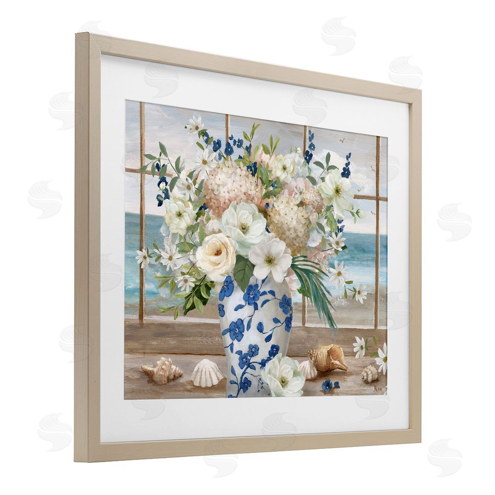 Nan Seashells & Flowers Windowsill Brown Framed Print Under Glass Wall Art