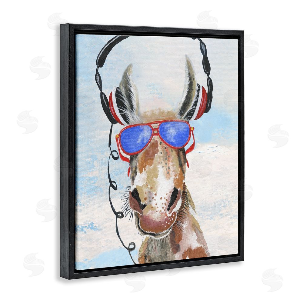 Janet Tava Donkey Wearing Headphones Black Floating Frame Canvas Wall Art Print