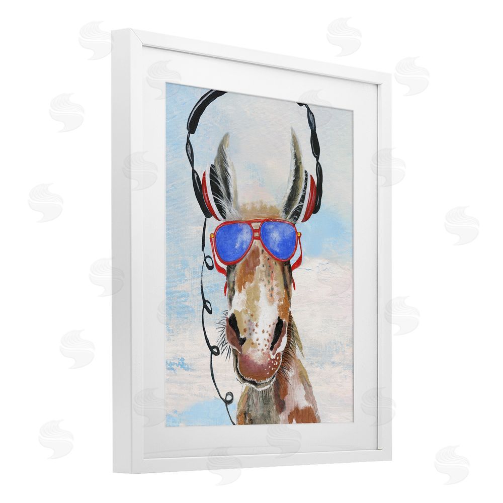 Janet Tava Donkey Wearing Headphones White Framed Print Under Glass Wall Art