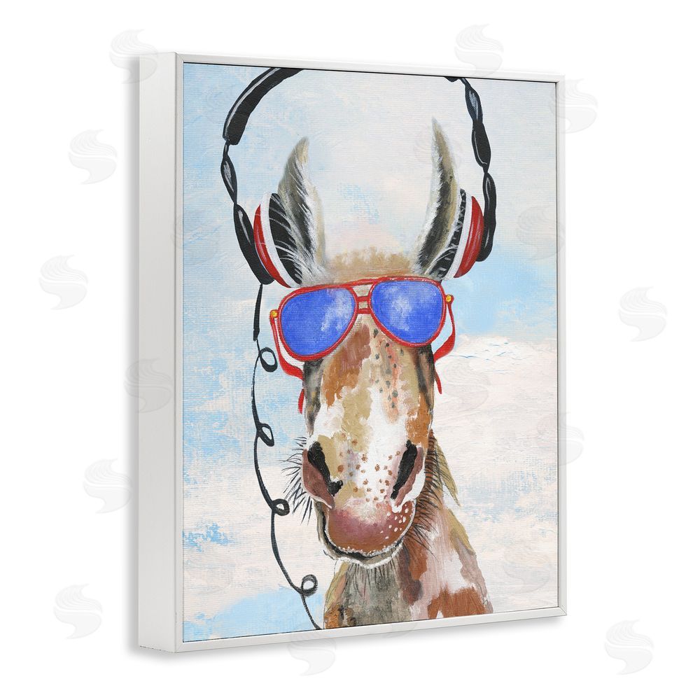 Janet Tava Donkey Wearing Headphones White Framed Giclee Wall Art Print