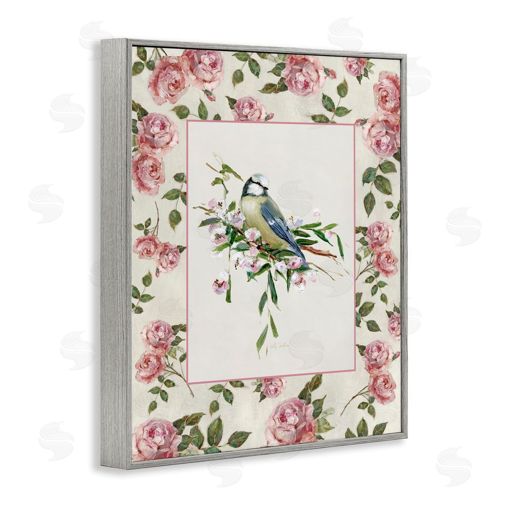 Sally Swatland Dainty Roses & Perched Bird Gray Framed Giclee Wall Art Print