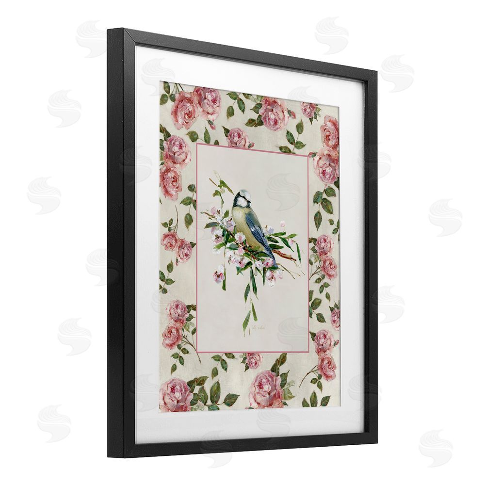 Sally Swatland Dainty Roses & Perched Bird Black Framed Print Under Glass Wall Art