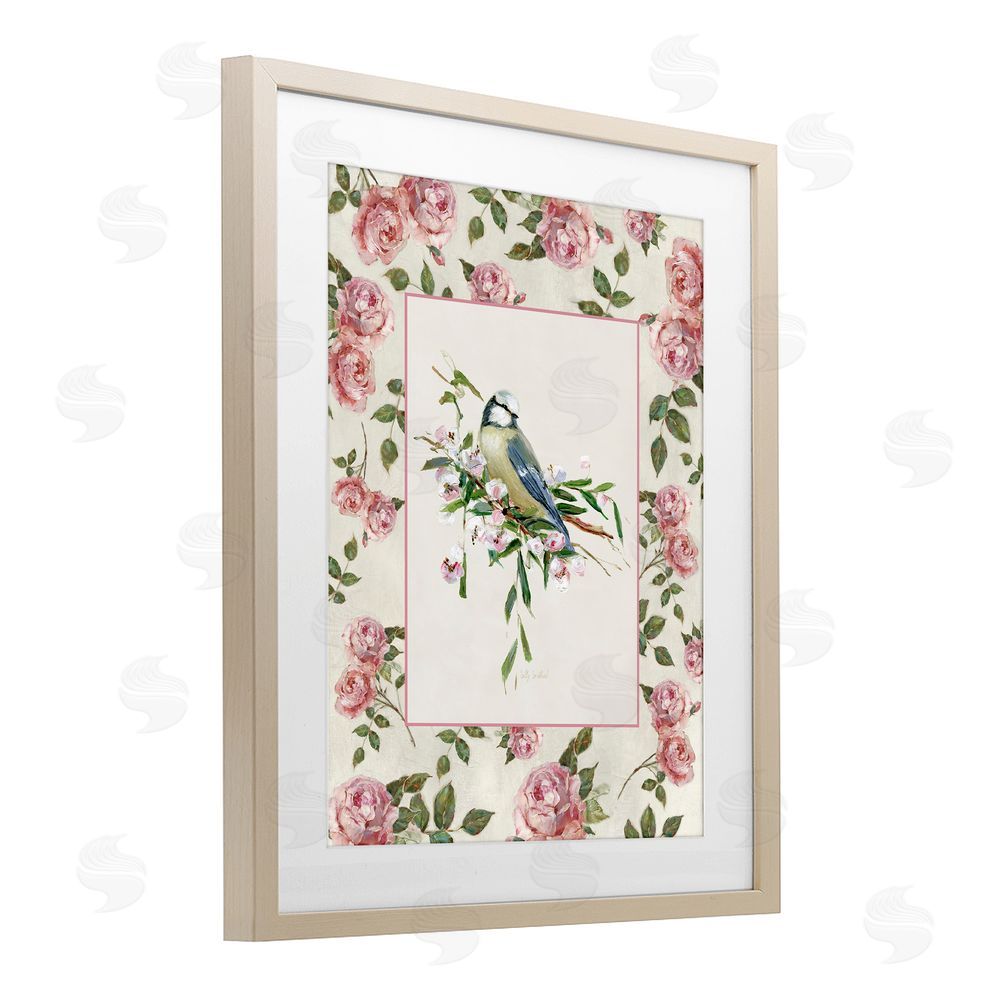 Sally Swatland Dainty Roses & Perched Bird Brown Framed Print Under Glass Wall Art