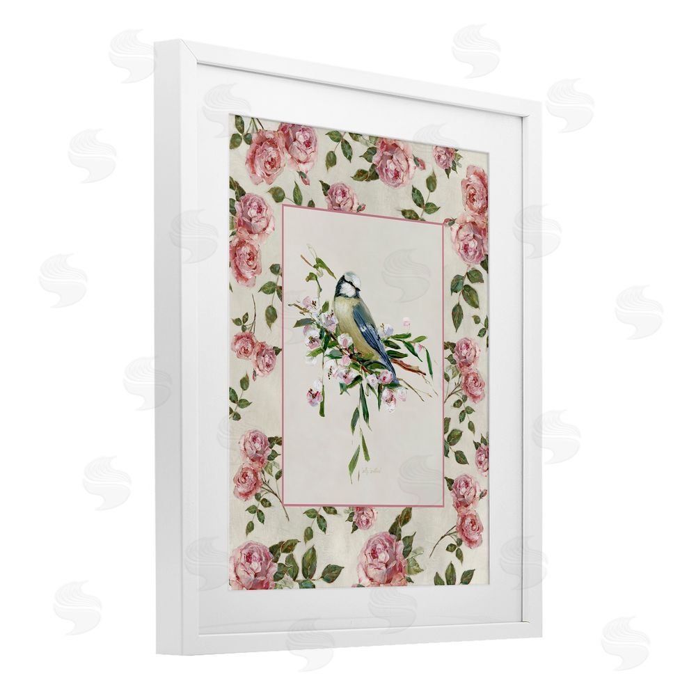 Sally Swatland Dainty Roses & Perched Bird White Framed Print Under Glass Wall Art