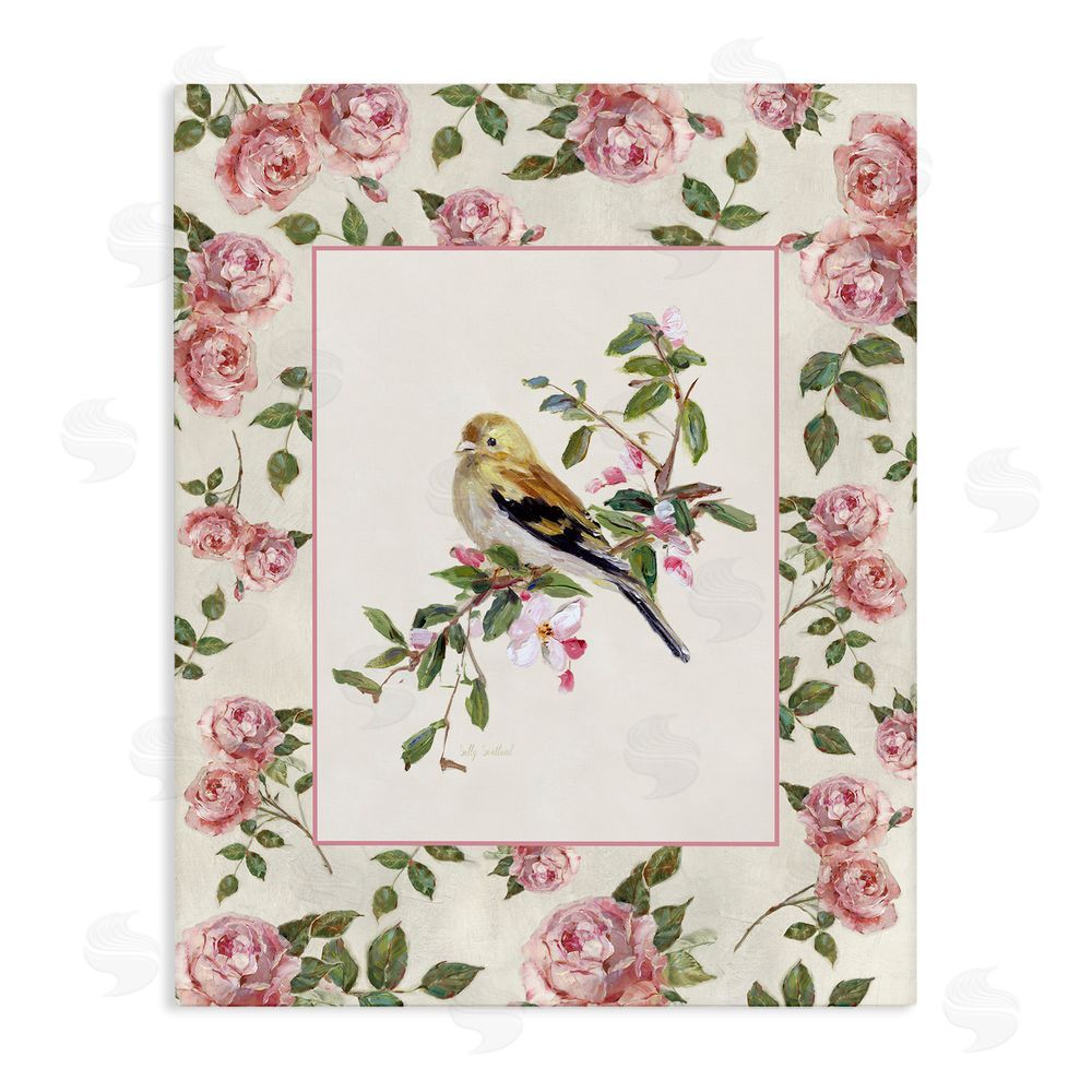 Sally Swatland Perched Bird with Dainty Roses Stretched Canvas Wall Art Print