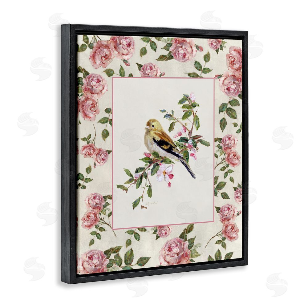 Sally Swatland Perched Bird with Dainty Roses Black Floating Frame Canvas Wall Art Print
