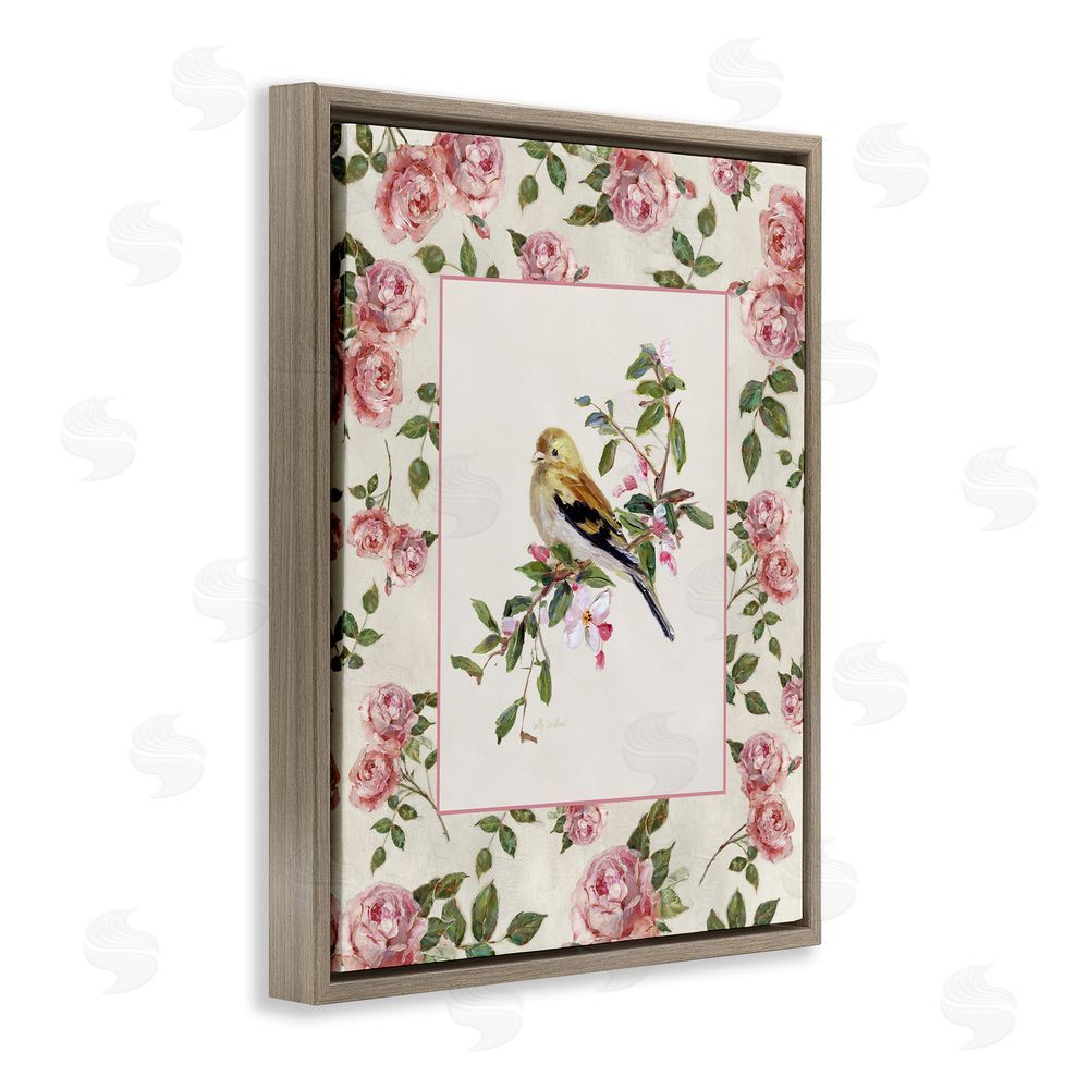 Sally Swatland Perched Bird with Dainty Roses Brown Floating Frame Canvas Wall Art Print