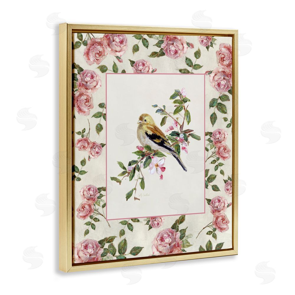 Sally Swatland Perched Bird with Dainty Roses Gold Floating Frame Canvas Wall Art Print