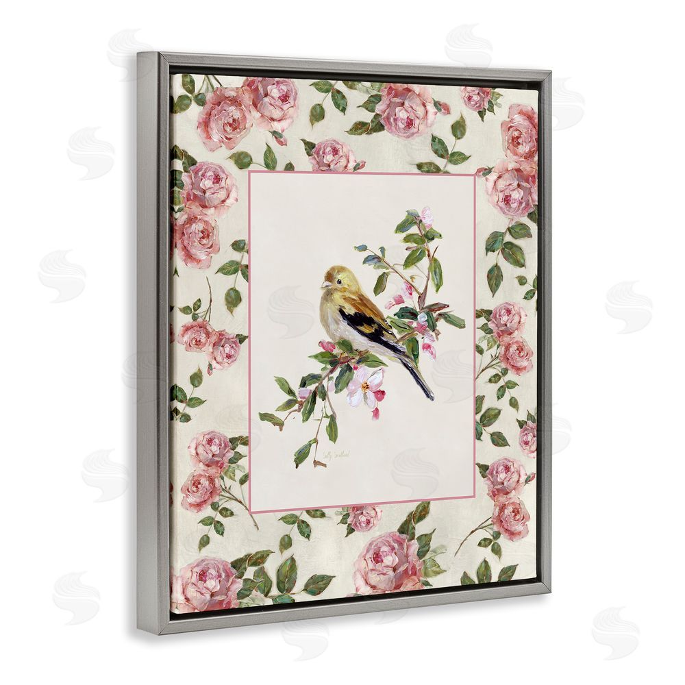 Sally Swatland Perched Bird with Dainty Roses Gray Floating Frame Canvas Wall Art Print