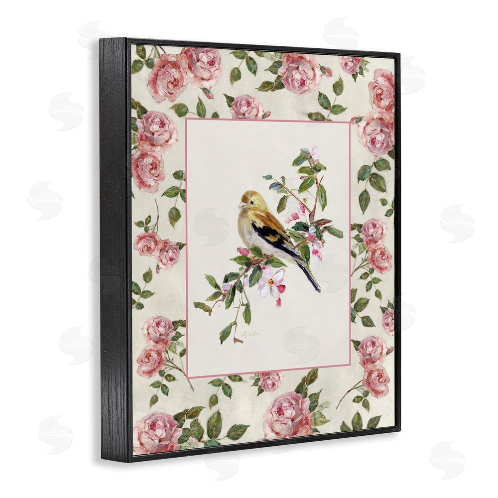 Sally Swatland Perched Bird with Dainty Roses Black Framed Giclee Wall Art Print