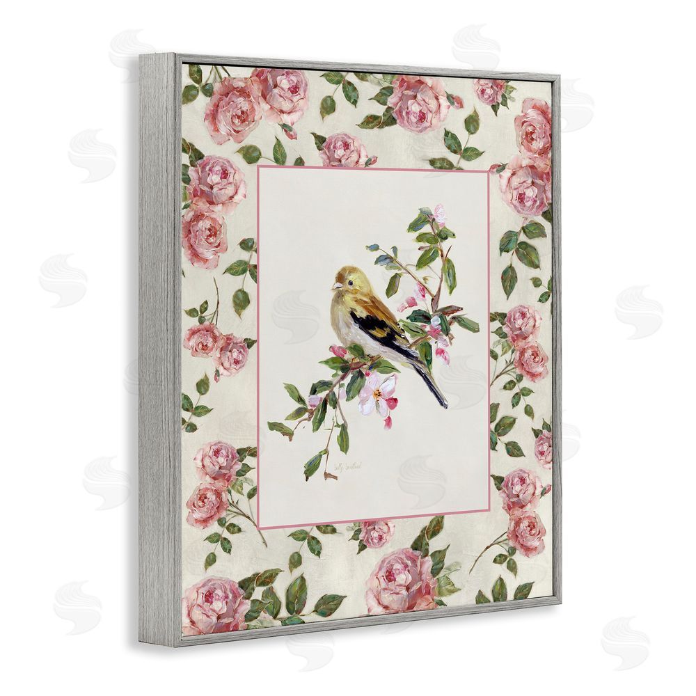 Sally Swatland Perched Bird with Dainty Roses Gray Framed Giclee Wall Art Print