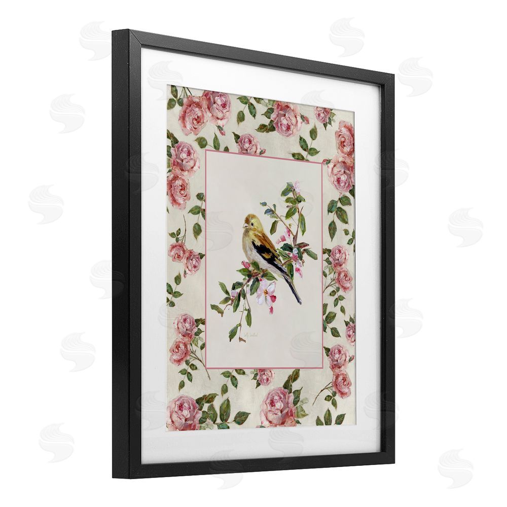 Sally Swatland Perched Bird with Dainty Roses Black Framed Print Under Glass Wall Art