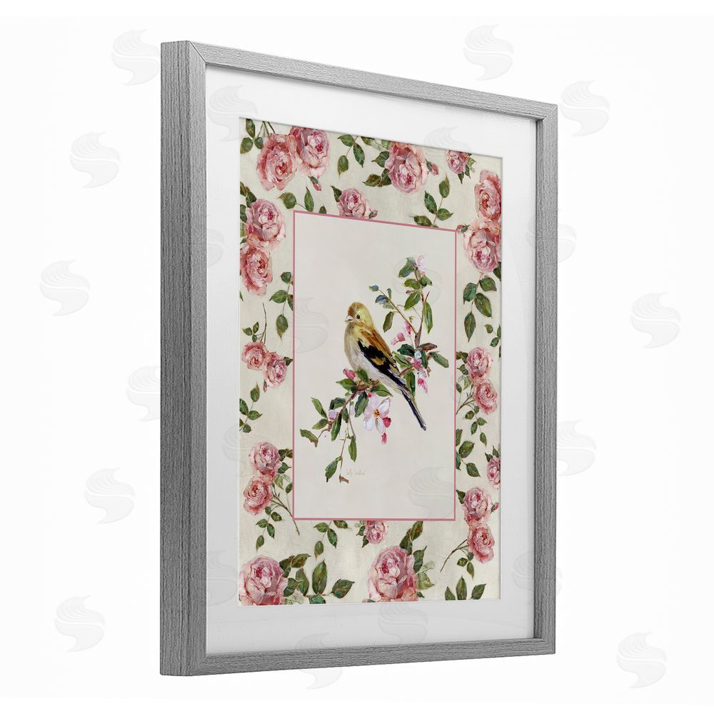 Sally Swatland Perched Bird with Dainty Roses Gray Framed Print Under Glass Wall Art