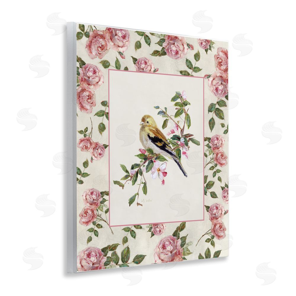 Sally Swatland Perched Bird with Dainty Roses Wooden Wall Plaque Art Print