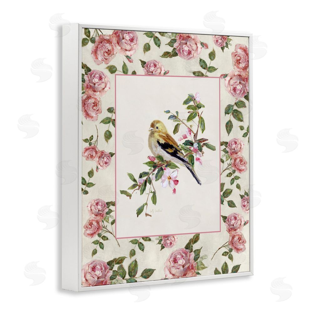 Sally Swatland Perched Bird with Dainty Roses White Framed Giclee Wall Art Print