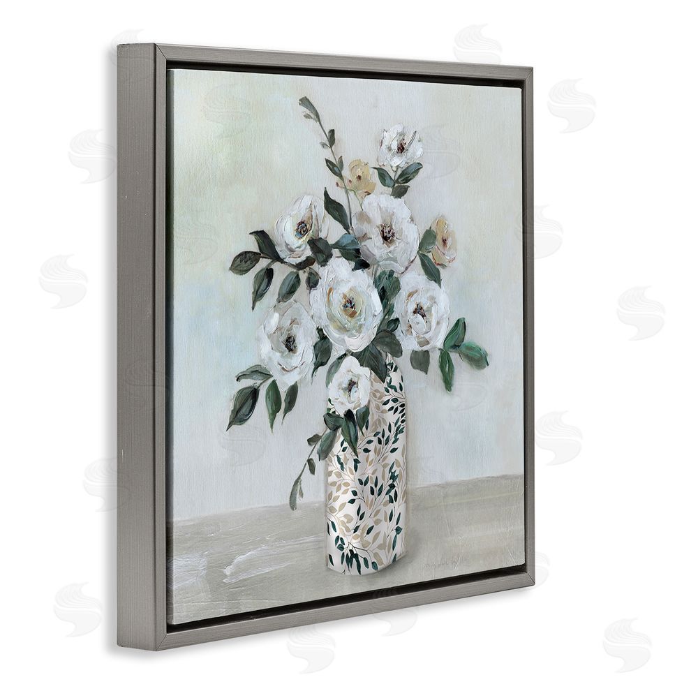Sally Swatland Leaf Patterned Flower Vase Gray Floating Frame Canvas Wall Art Print