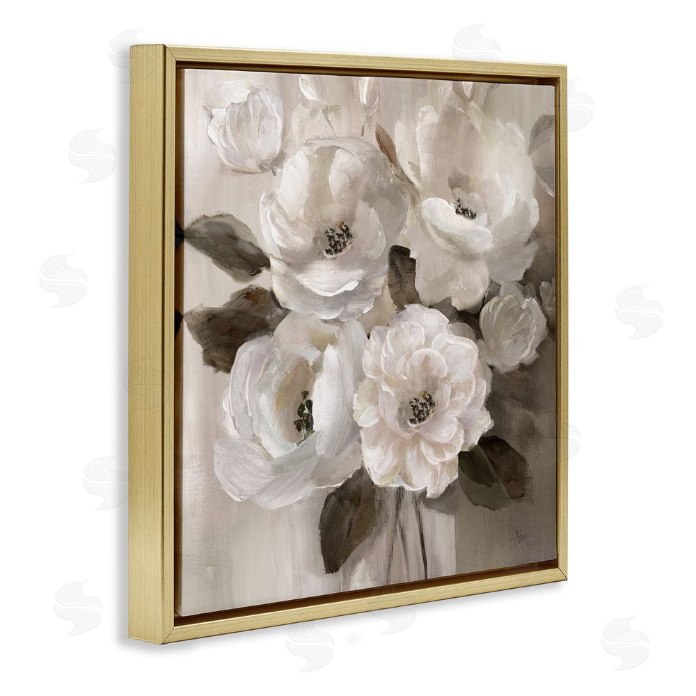 Nan Ivory Flower Bushel Gold Floating Frame Canvas Wall Art Print