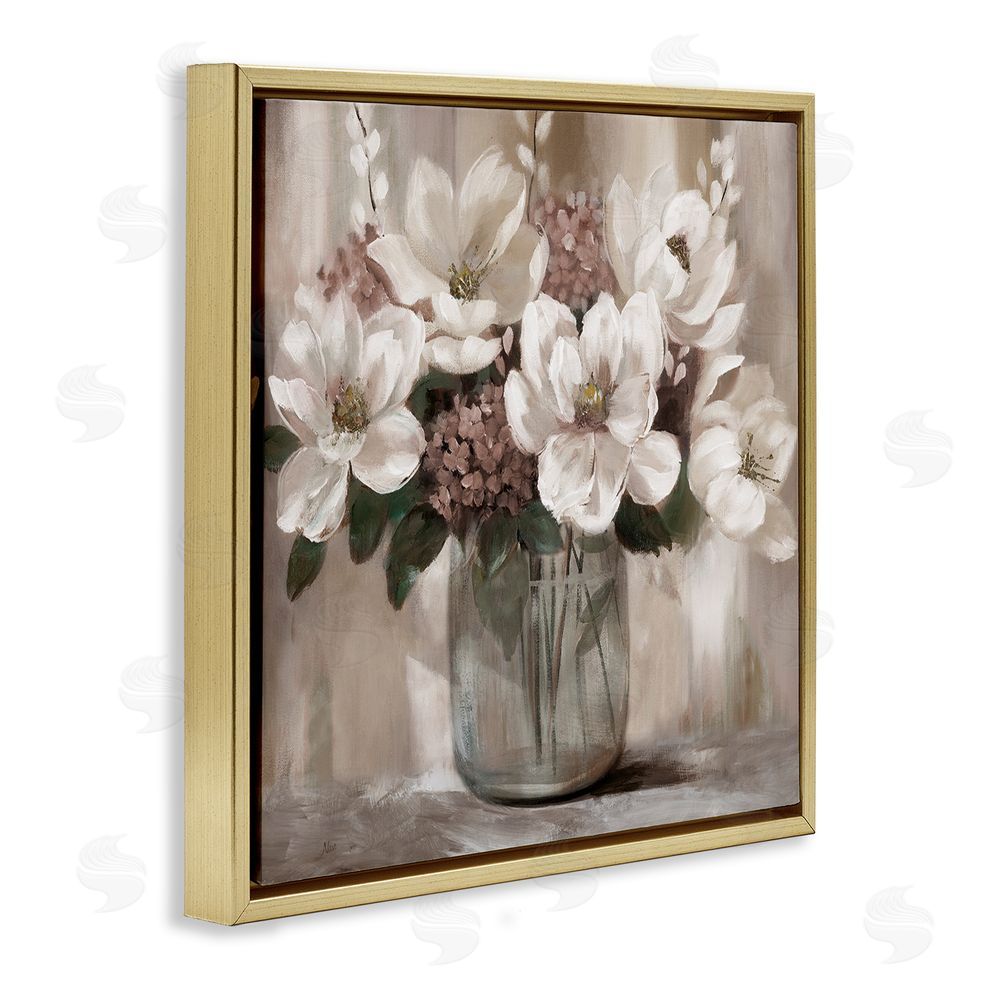 Nan Ivory Magnolias Vase Gold Floating Frame Canvas Wall Art Print