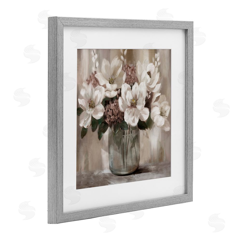 Nan Ivory Magnolias Vase Gray Framed Print Under Glass Wall Art