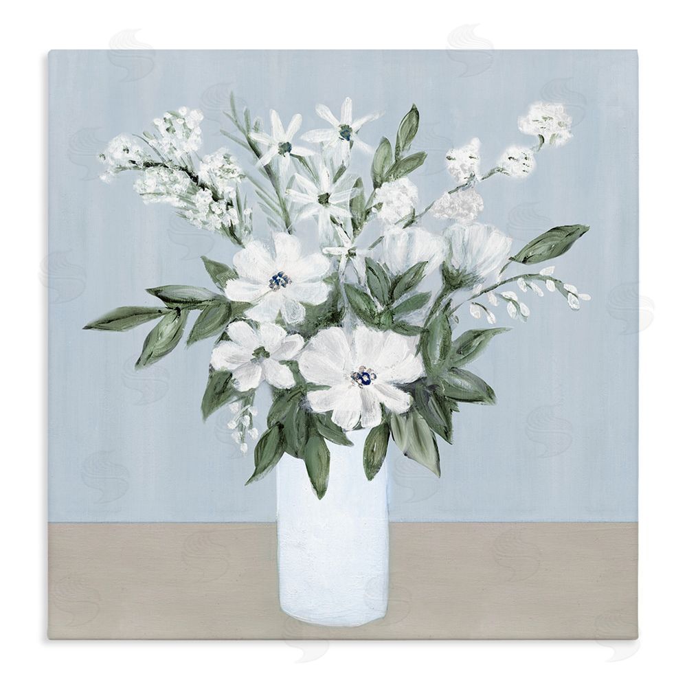 Marilyn Dunlap Mixed White Blooms on Blue Stretched Canvas Wall Art Print