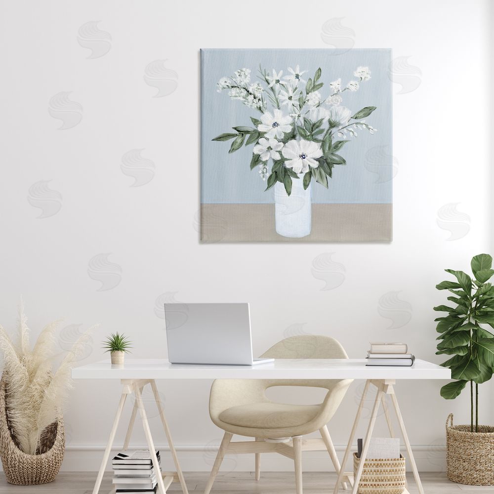 Marilyn Dunlap Mixed White Blooms on Blue Stretched Canvas Wall Art in Room