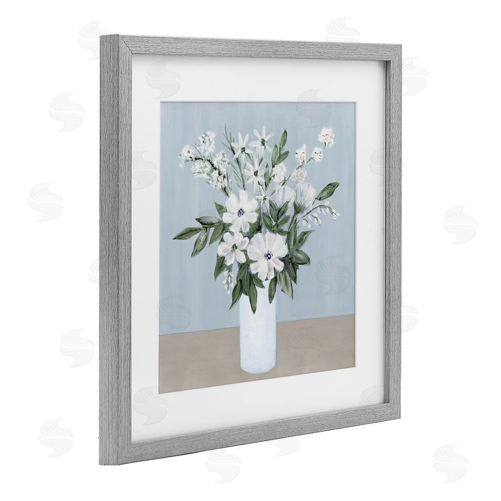 Marilyn Dunlap Mixed White Blooms on Blue Gray Framed Print Under Glass Wall Art