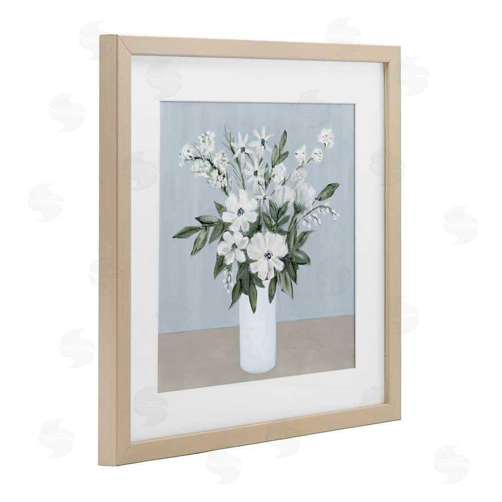 Marilyn Dunlap Mixed White Blooms on Blue Brown Framed Print Under Glass Wall Art