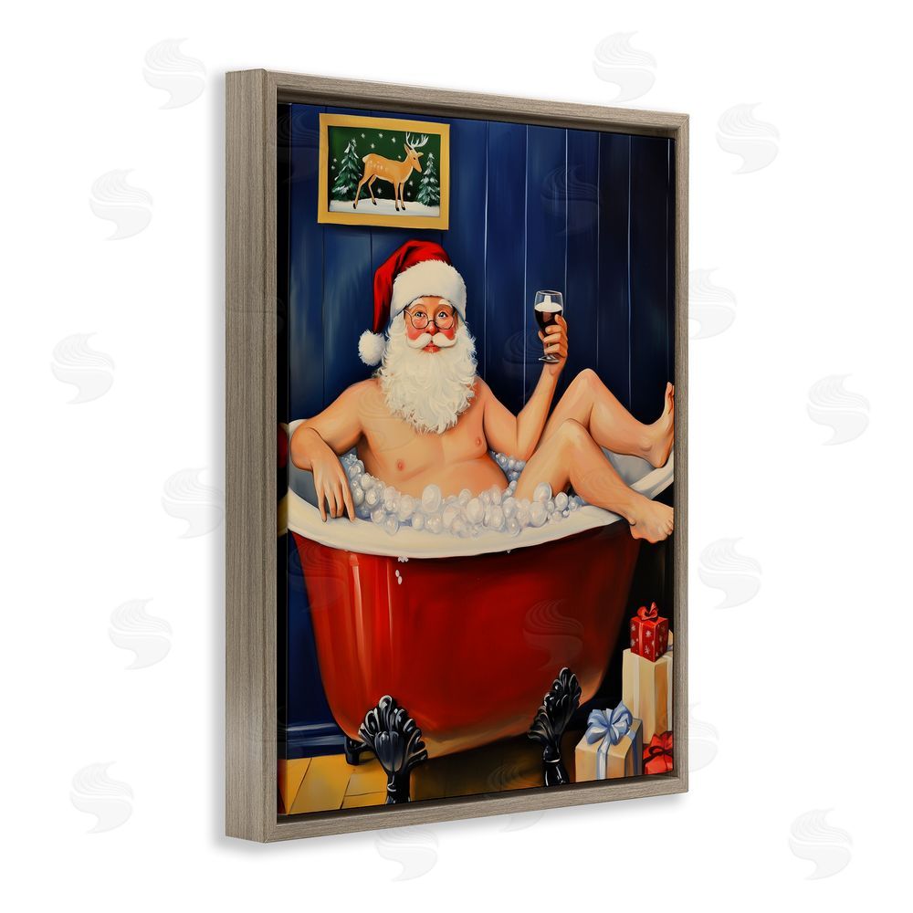 Arlington Prints Joyful Bathtub Santa Brown Floating Frame Canvas Wall Art Print
