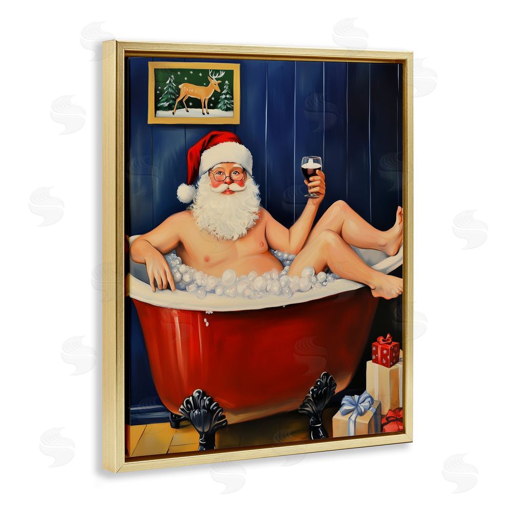 Arlington Prints Joyful Bathtub Santa Gold Floating Frame Canvas Wall Art Print