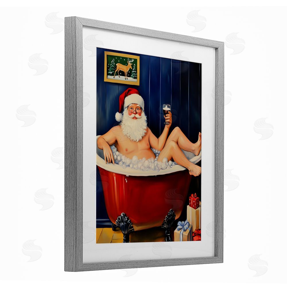 Arlington Prints Joyful Bathtub Santa Gray Framed Print Under Glass with White Mat Wall Art