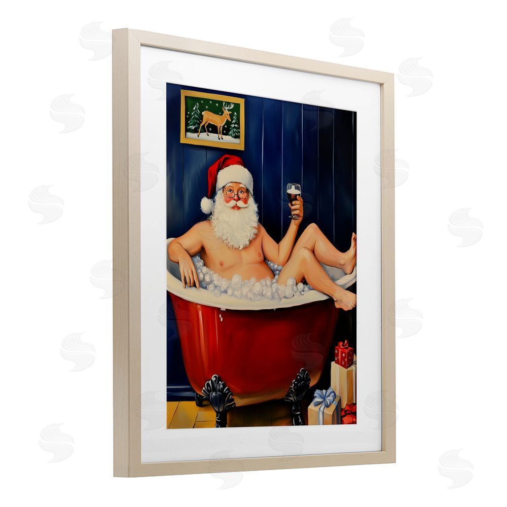 Arlington Prints Joyful Bathtub Santa Birch Framed Print Under Glass with White Mat Wall Art